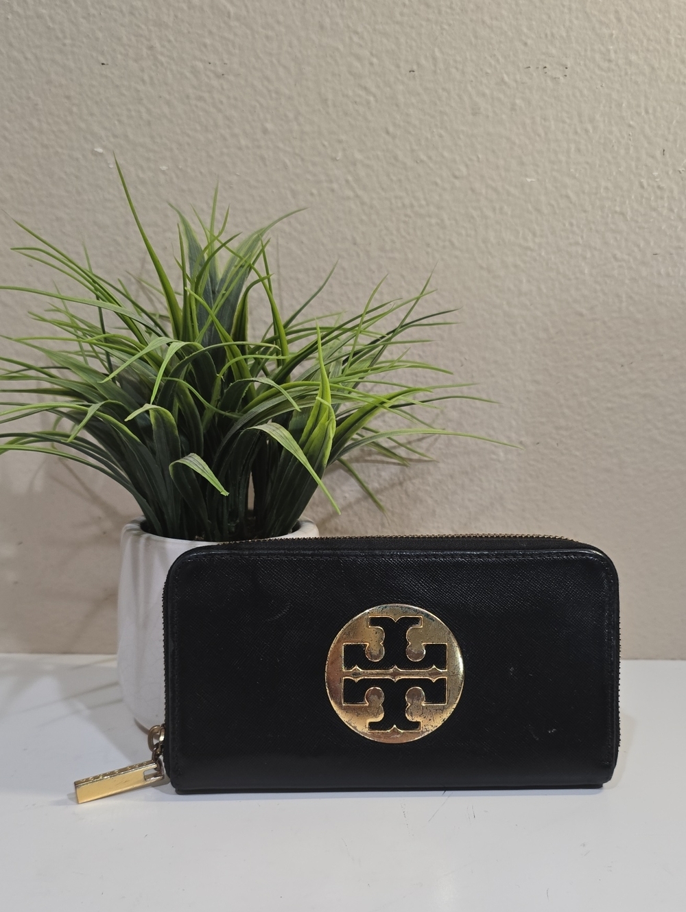 Tory Burch Black Zip-Around Wallet with Gold Logo
